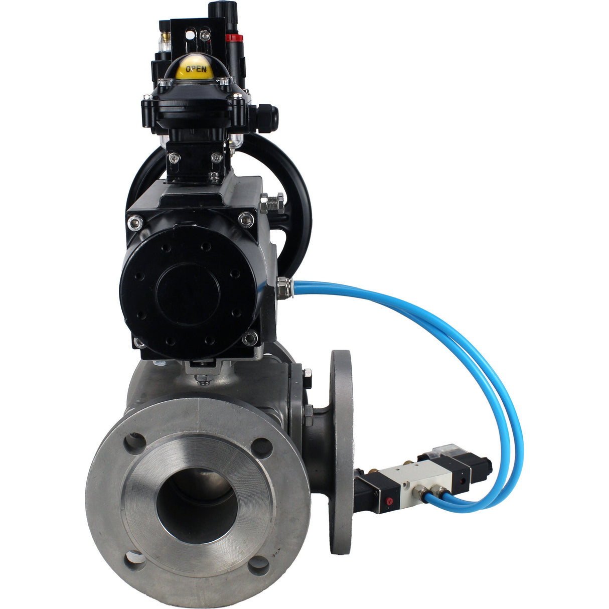 Ball valves Elephant BV3232P(4pc)-FP-3WL-F-ISO-H DN100 16 bar full bore, flanged, body - stainless steel SS316, ISO flange F10/F12, square 19x19, with pneumatic actuator PA-DA-105-1, pneumatic distributor 4V320-8 220V, LSU APL-210N and ATU AFC2000