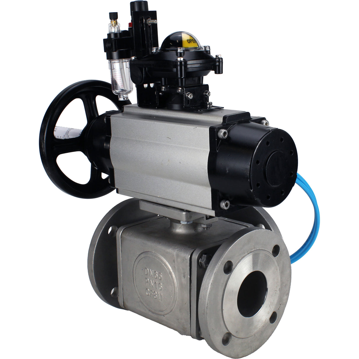 Ball valves Elephant BV3232P(4pc)-FP-3WL-F-ISO-H DN100 16 bar full bore, flanged, body - stainless steel SS316, ISO flange F10/F12, square 19x19, with pneumatic actuator PA-DA-105-1, pneumatic distributor 4V320-10 220V, LSU APL-210N and ATU AFC2000