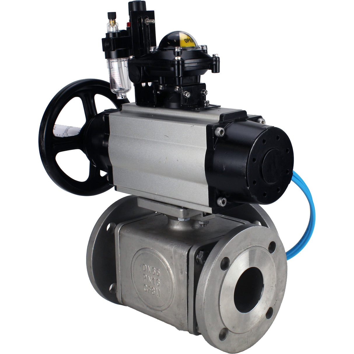 Ball valves Elephant BV3232P(4pc)-FP-3WL-F-ISO-H DN100 16 bar full bore, flanged, body - stainless steel SS316, ISO flange F10/F12, square 19x19, with pneumatic actuator PA-DA-105-1, pneumatic distributor 4V320-8 220V, LSU APL-210N and ATU AFC2000