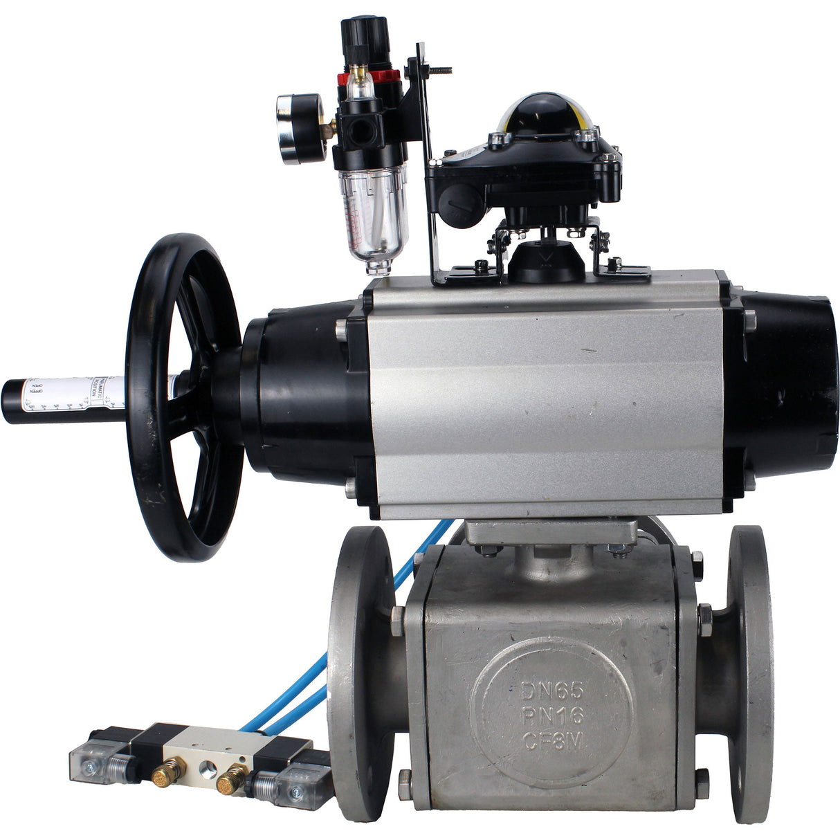 Ball valves Elephant BV3232P(4pc)-FP-3WL-F-ISO-H DN100 16 bar full bore, flanged, body - stainless steel SS316, ISO flange F10/F12, square 19x19, with pneumatic actuator PA-DA-105-1, pneumatic distributor 4V320-8 220V, LSU APL-210N and ATU AFC2000