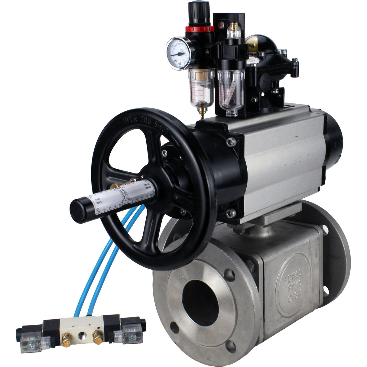 Ball valves Elephant BV3232P(4pc)-FP-3WL-F-ISO-H DN100 16 bar full bore, flanged, body - stainless steel SS316, ISO flange F10/F12, square 19x19, with pneumatic actuator PA-DA-105-1, pneumatic distributor 4V320-8 220V, LSU APL-210N and ATU AFC2000