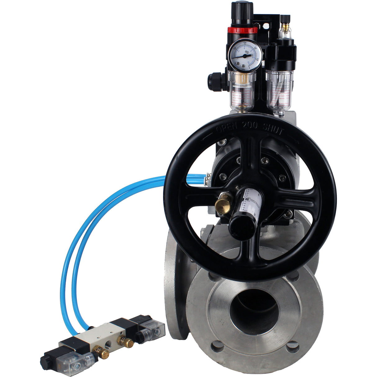 Ball valves Elephant BV3232P(4pc)-FP-3WL-F-ISO-H DN100 16 bar full bore, flanged, body - stainless steel SS316, ISO flange F10/F12, square 19x19, with pneumatic actuator PA-DA-105-1, pneumatic distributor 4V320-8 220V, LSU APL-210N and ATU AFC2000