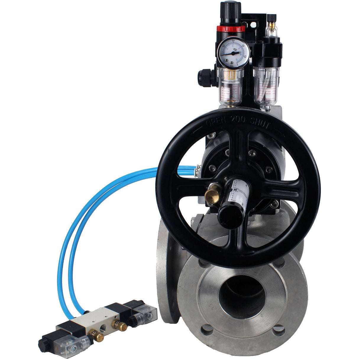 Ball valves Elephant BV3232P(4pc)-FP-3WL-F-ISO-H DN100 16 bar full bore, flanged, body - stainless steel SS316, ISO flange F10/F12, square 19x19, with pneumatic actuator PA-DA-105-1, pneumatic distributor 4V320-8 220V, LSU APL-210N and ATU AFC2000