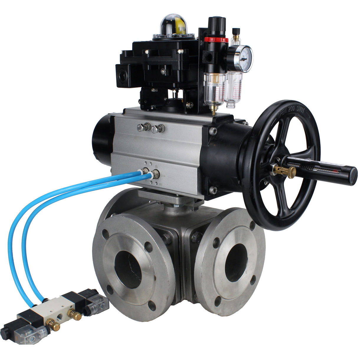 Ball valves Elephant BV3232P(4pc)-FP-3WL-F-ISO-H DN100 16 bar full bore, flanged, body - stainless steel SS316, ISO flange F10/F12, square 19x19, with pneumatic actuator PA-DA-105-1, pneumatic distributor 4V320-10 220V, LSU APL-410N EX and ATU AFC2000