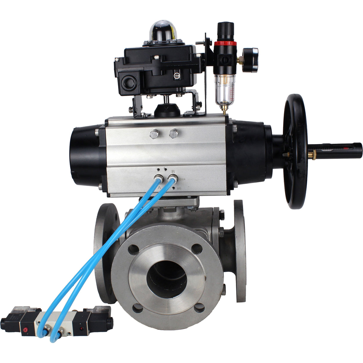 Ball valves Elephant BV3232P(4pc)-FP-3WL-F-ISO-H DN100 16 bar full bore, flanged, body - stainless steel SS316, ISO flange F10/F12, square 19x19, with pneumatic actuator PA-DA-105-1, pneumatic distributor 4V320-10 220V, LSU APL-410N EX and ATU AFC2000