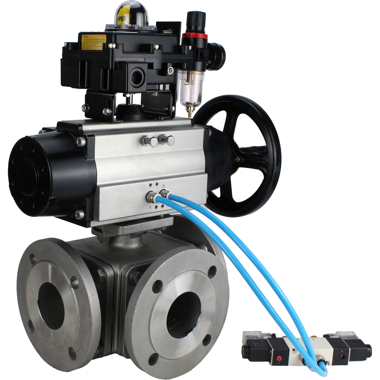 Ball valves Elephant BV3232P(4pc)-FP-3WL-F-ISO-H DN100 16 bar full bore, flanged, body - stainless steel SS316, ISO flange F10/F12, square 19x19, with pneumatic actuator PA-DA-105-1, pneumatic distributor 4V320-10 220V, LSU APL-410N EX and ATU AFC2000