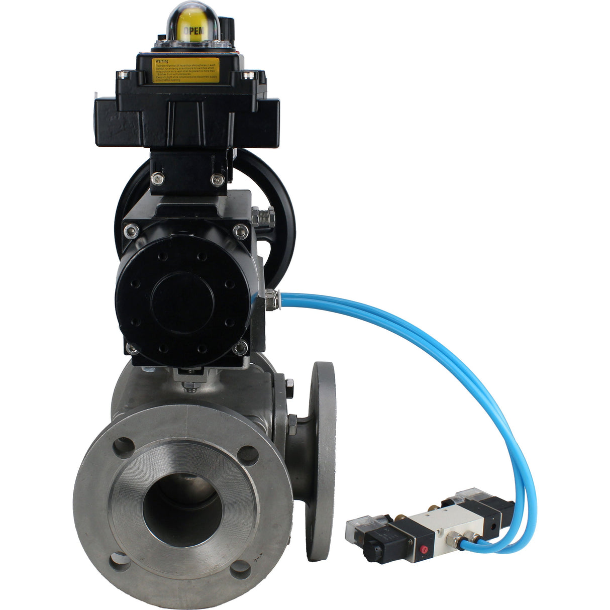 Ball valves Elephant BV3232P(4pc)-FP-3WL-F-ISO-H DN100 16 bar full bore, flanged, body - stainless steel SS316, ISO flange F10/F12, square 19x19, with pneumatic actuator PA-DA-105-1, pneumatic distributor 4V320-8 220V, LSU APL-410N EX and ATU AFC2000