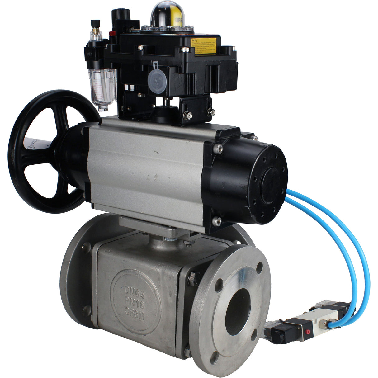 Ball valves Elephant BV3232P(4pc)-FP-3WL-F-ISO-H DN100 16 bar full bore, flanged, body - stainless steel SS316, ISO flange F10/F12, square 19x19, with pneumatic actuator PA-DA-105-1, pneumatic distributor 4V320-8 220V, LSU APL-410N EX and ATU AFC2000