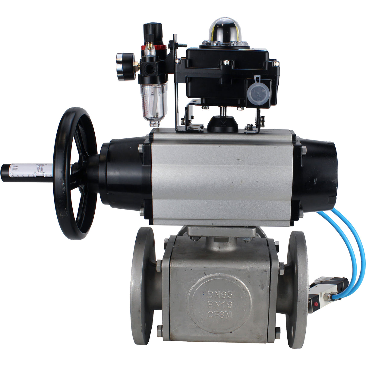 Ball valves Elephant BV3232P(4pc)-FP-3WL-F-ISO-H DN100 16 bar full bore, flanged, body - stainless steel SS316, ISO flange F10/F12, square 19x19, with pneumatic actuator PA-DA-105-1, pneumatic distributor 4V320-8 220V, LSU APL-410N EX and ATU AFC2000