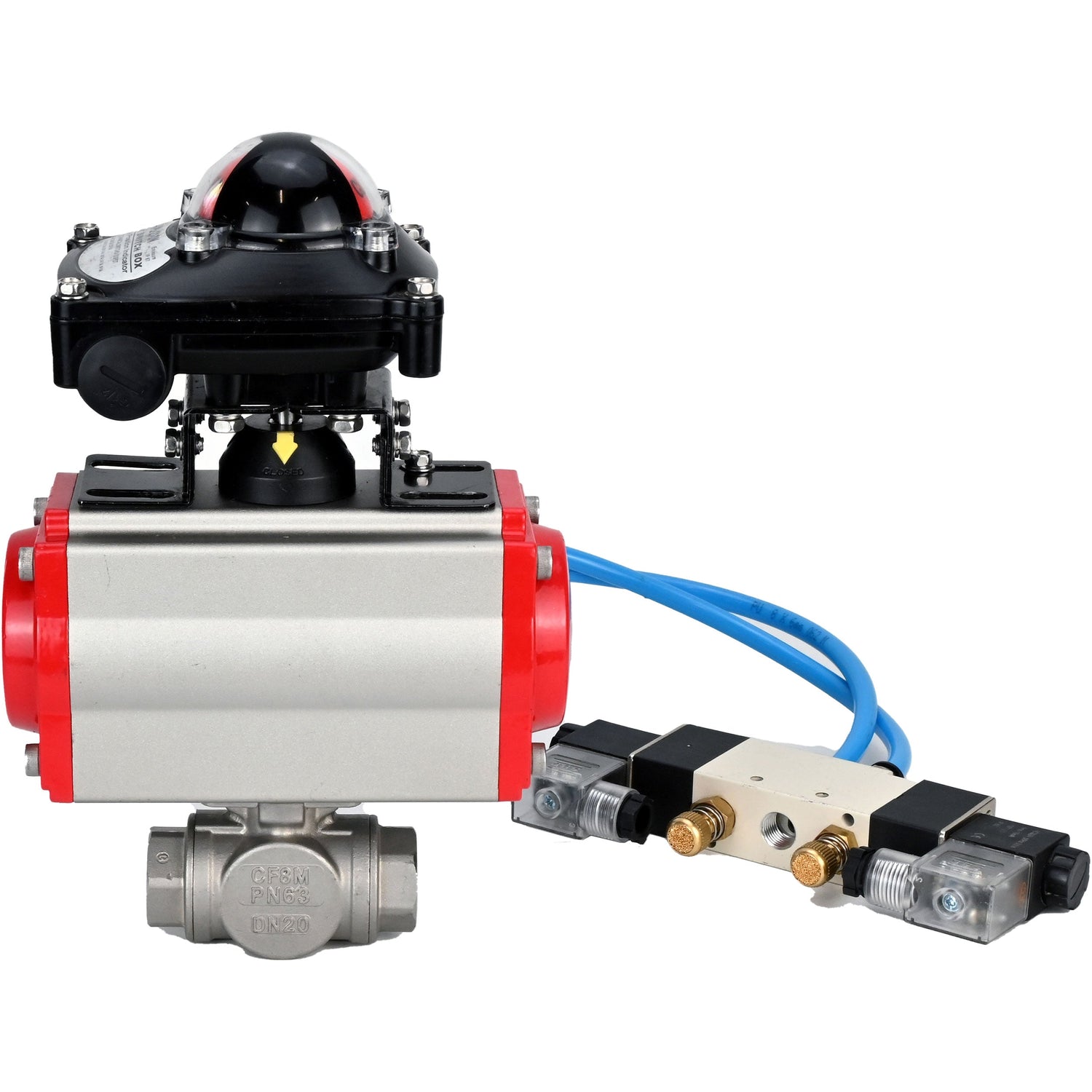 Ball valves Elephant BV3232P(4pc)-SP-3WL-T-ISO-H,  body material - Stainless steel AISI 316, seal - PTFE / PTFE / Teflon, with pneumatic actuator double action PA-DA, 4V320-08 220V, LSU APL-210N