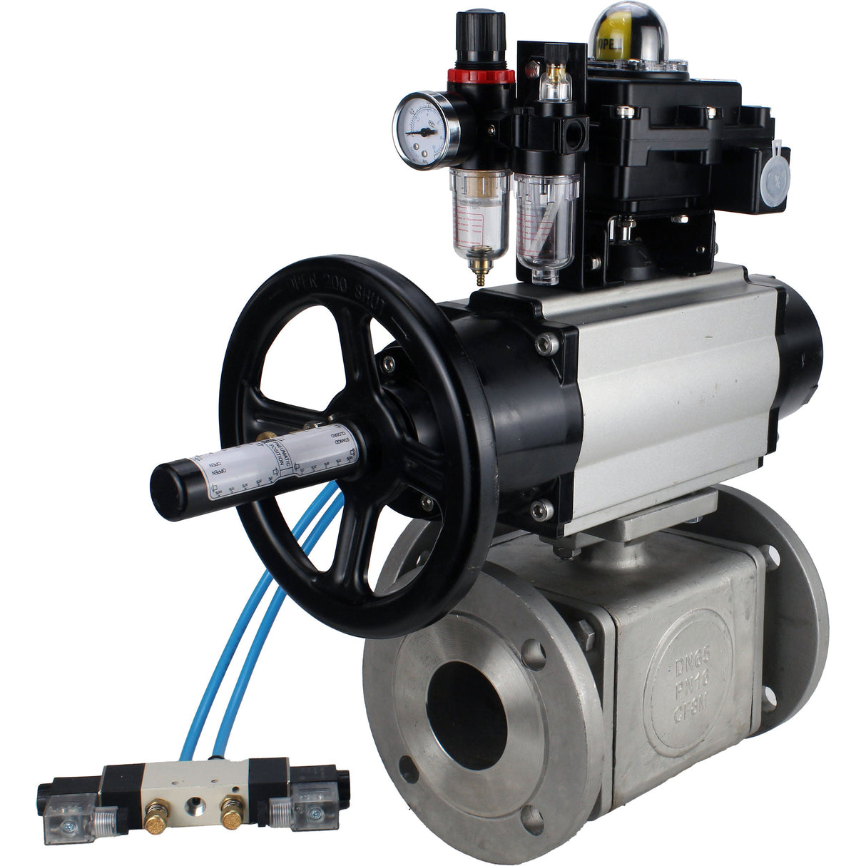 Ball valves Elephant BV3232P(4pc)-FP-3WL-F-ISO-H DN100 16 bar full bore, flanged, body - stainless steel SS316, ISO flange F10/F12, square 19x19, with pneumatic actuator PA-DA-105-1, pneumatic distributor 4V320-8 220V, LSU APL-410N EX and ATU AFC2000
