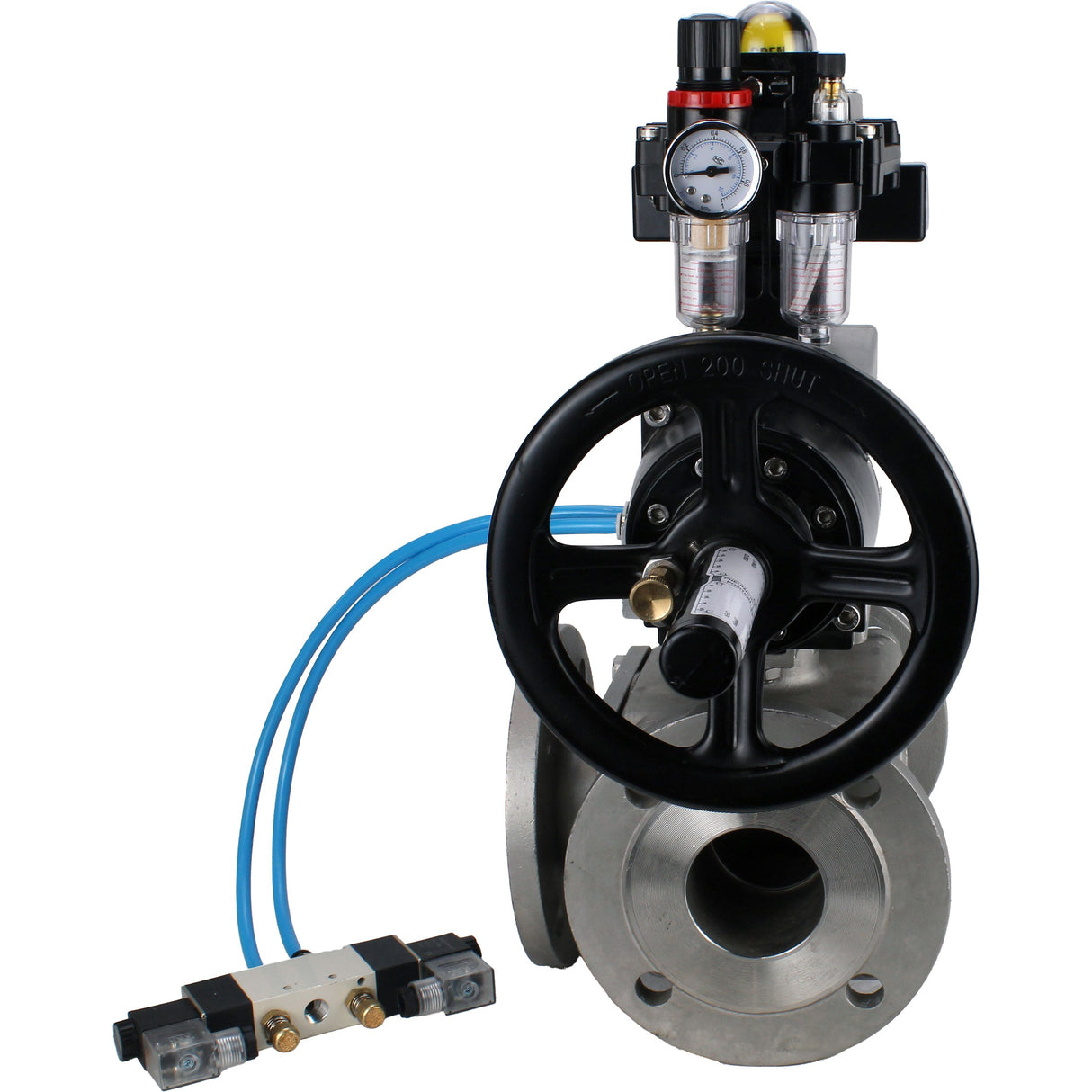 Ball valves Elephant BV3232P(4pc)-FP-3WL-F-ISO-H DN100 16 bar full bore, flanged, body - stainless steel SS316, ISO flange F10/F12, square 19x19, with pneumatic actuator PA-DA-105-1, pneumatic distributor 4V320-8 220V, LSU APL-410N EX and ATU AFC2000