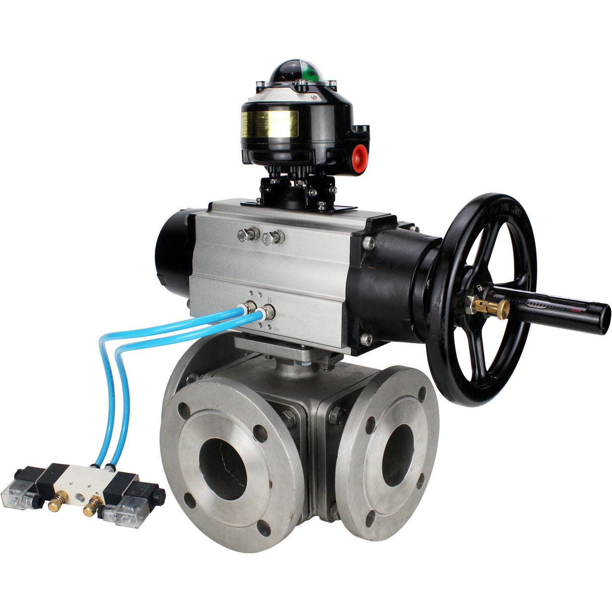 Ball valves Elephant BV3232P(4pc)-FP-3WL-F-ISO-H DN100 16 bar full bore, flanged, body - stainless steel SS316, ISO flange F10/F12, square 19x19, with double pneumatic actuator PA-DA-105-1 action, pneumatic distributor 4V320-10 220V and LSU APL-510N E