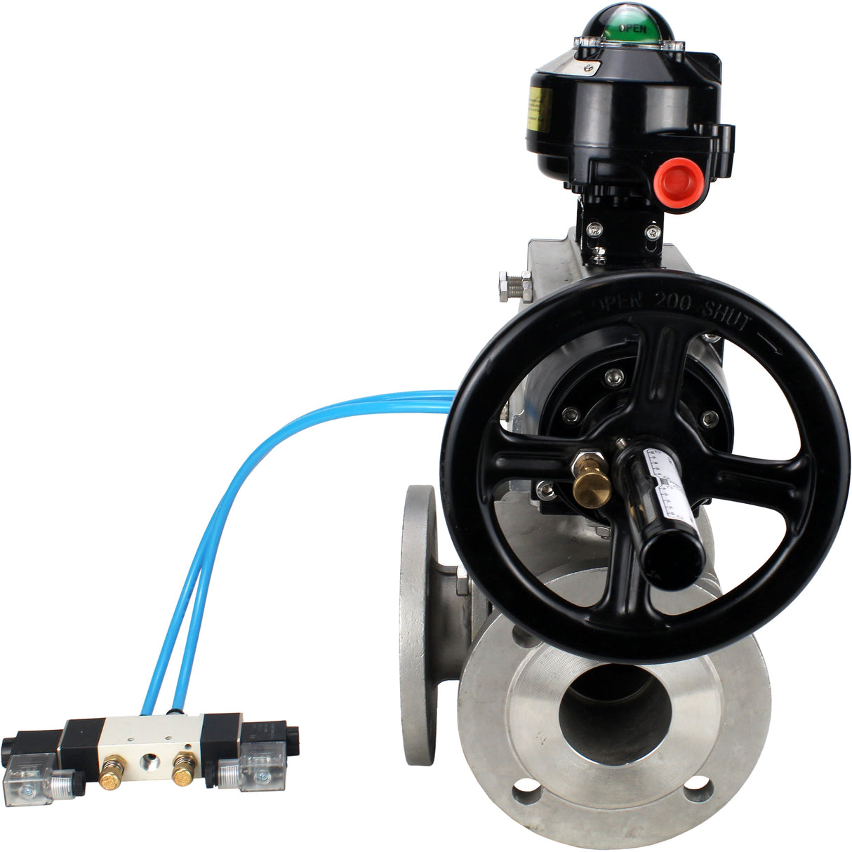 Ball valves Elephant BV3232P(4pc)-FP-3WL-F-ISO-H DN100 16 bar full bore, flanged, body - stainless steel SS316, ISO flange F10/F12, square 19x19, with double pneumatic actuator PA-DA-105-1 action, pneumatic distributor 4V320-10 220V and LSU APL-510N E