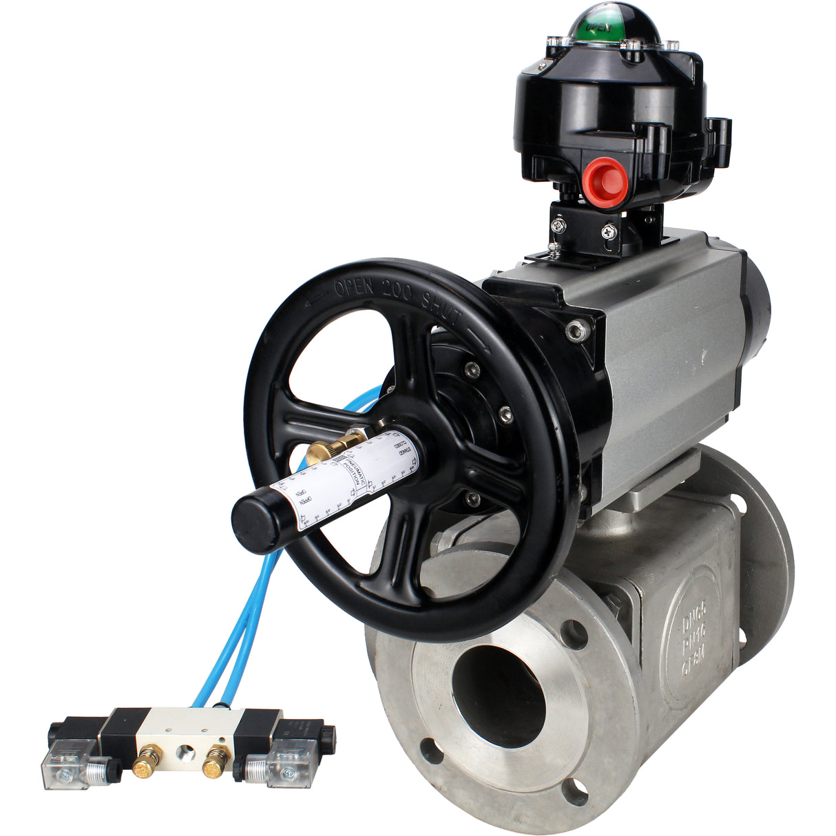 Ball valves Elephant BV3232P(4pc)-FP-3WL-F-ISO-H DN100 16 bar full bore, flanged, body - stainless steel SS316, ISO flange F10/F12, square 19x19, with double pneumatic actuator PA-DA-105-1 action, pneumatic distributor 4V320-10 220V and LSU APL-510N E