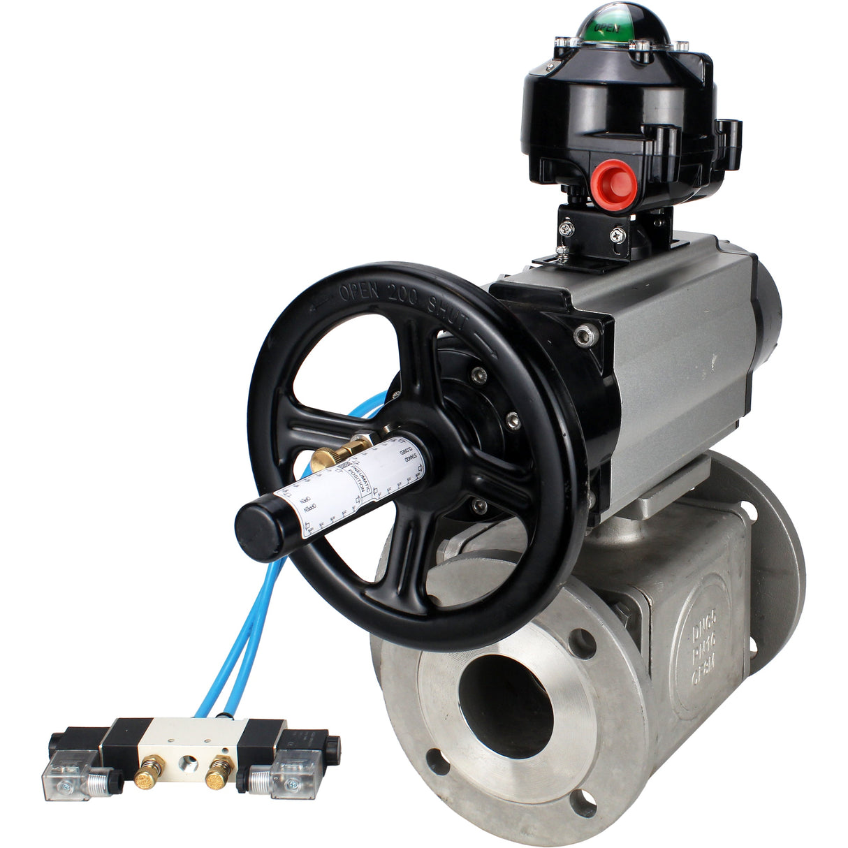 Ball valves Elephant BV3232P(4pc)-FP-3WL-F-ISO-H DN100 16 bar full bore, flanged, body - stainless steel SS316, ISO flange F10/F12, square 19x19, with double pneumatic actuator PA-DA-105-1 action, pneumatic distributor 4V320-10 220V and LSU APL-510N E