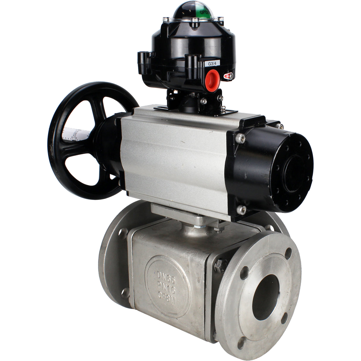 Ball valves Elephant BV3232P(4pc)-FP-3WL-F-ISO-H DN100 16 bar full bore, flanged, body - stainless steel SS316, ISO flange F10/F12, square 19x19, with double pneumatic actuator PA-DA-105-1 action, pneumatic distributor 4V320-10 220V and LSU APL-510N E