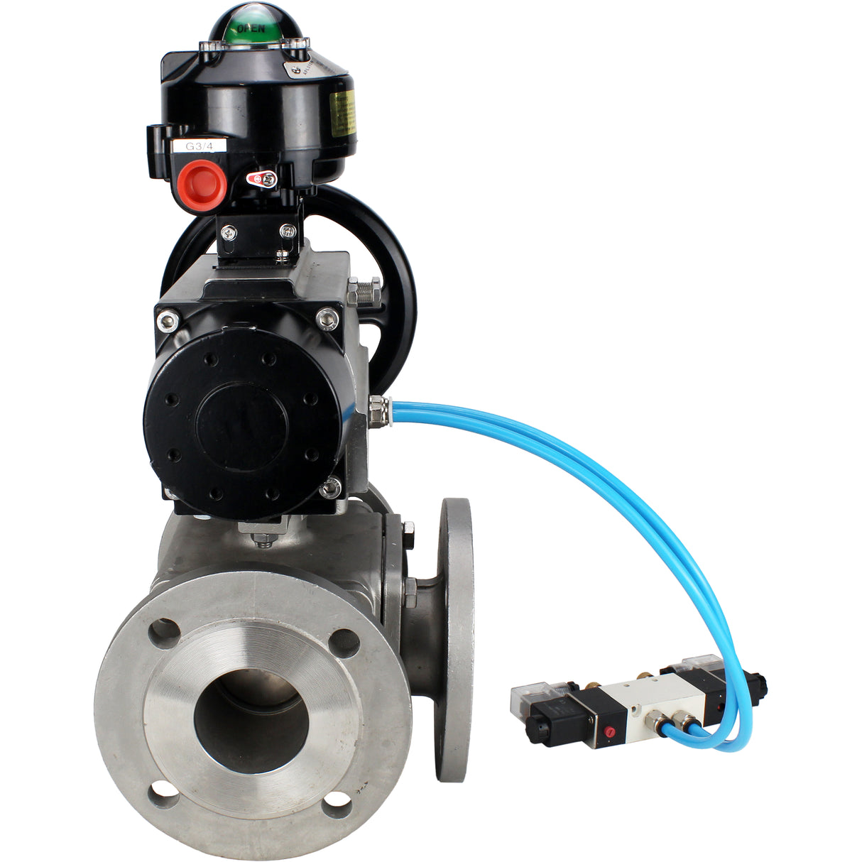 Ball valves Elephant BV3232P(4pc)-FP-3WL-F-ISO-H DN100 16 bar full bore, flanged, body - stainless steel SS316, ISO flange F10/F12, square 19x19, with double pneumatic actuator PA-DA-105-1 action, pneumatic distributor 4V320-10 220V and LSU APL-510N E