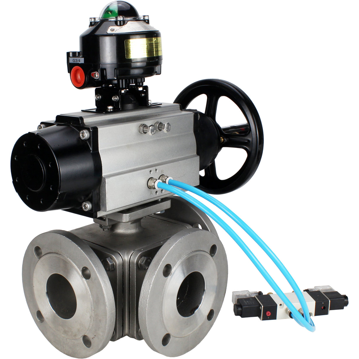 Ball valves Elephant BV3232P(4pc)-FP-3WL-F-ISO-H DN100 16 bar full bore, flanged, body - stainless steel SS316, ISO flange F10/F12, square 19x19, with double pneumatic actuator PA-DA-105-1 action, pneumatic distributor 4V320-10 220V and LSU APL-510N E