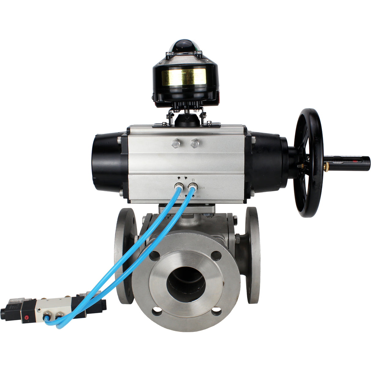 Ball valves Elephant BV3232P(4pc)-FP-3WL-F-ISO-H DN100 16 bar full bore, flanged, body - stainless steel SS316, ISO flange F10/F12, square 19x19, with double pneumatic actuator PA-DA-105-1 action, pneumatic distributor 4V320-10 220V and LSU APL-510N E