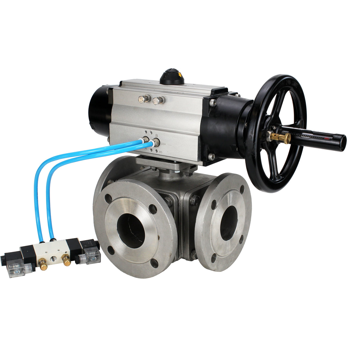 Ball valves Elephant BV3232P(4pc)-FP-3WL-F-ISO-H DN100 16 bar full bore, flanged, body - stainless steel SS316, ISO flange F10/F12, square 19x19, with double pneumatic actuator PA-DA-105-1 action and pneumatic distributor 4V320-10 220V