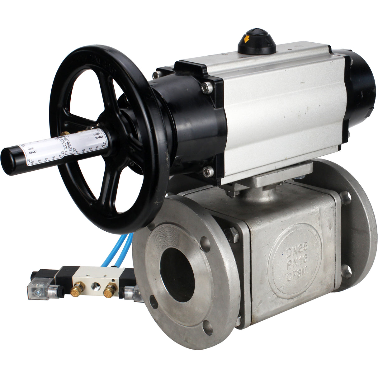 Ball valves Elephant BV3232P(4pc)-FP-3WL-F-ISO-H DN100 16 bar full bore, flanged, body - stainless steel SS316, ISO flange F10/F12, square 19x19, with double pneumatic actuator PA-DA-105-1 action and pneumatic distributor 4V320-8 220V