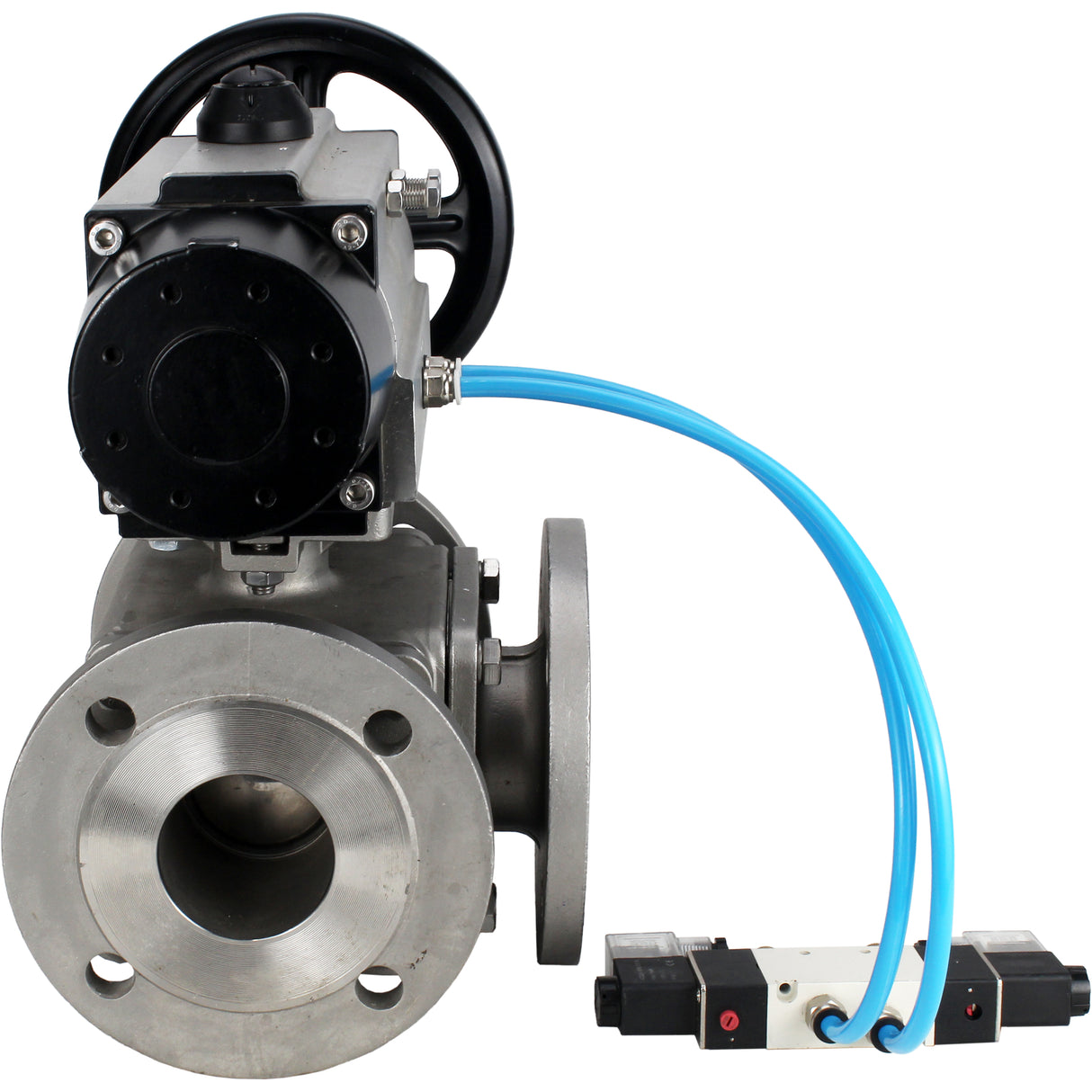 Ball valves Elephant BV3232P(4pc)-FP-3WL-F-ISO-H DN100 16 bar full bore, flanged, body - stainless steel SS316, ISO flange F10/F12, square 19x19, with double pneumatic actuator PA-DA-105-1 action and pneumatic distributor 4V320-8 220V