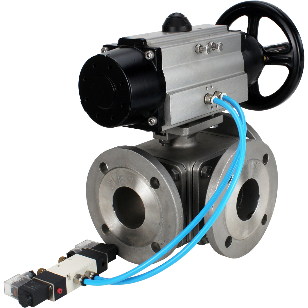 Ball valves Elephant BV3232P(4pc)-FP-3WL-F-ISO-H DN100 16 bar full bore, flanged, body - stainless steel SS316, ISO flange F10/F12, square 19x19, with double pneumatic actuator PA-DA-105-1 action and pneumatic distributor 4V320-8 220V