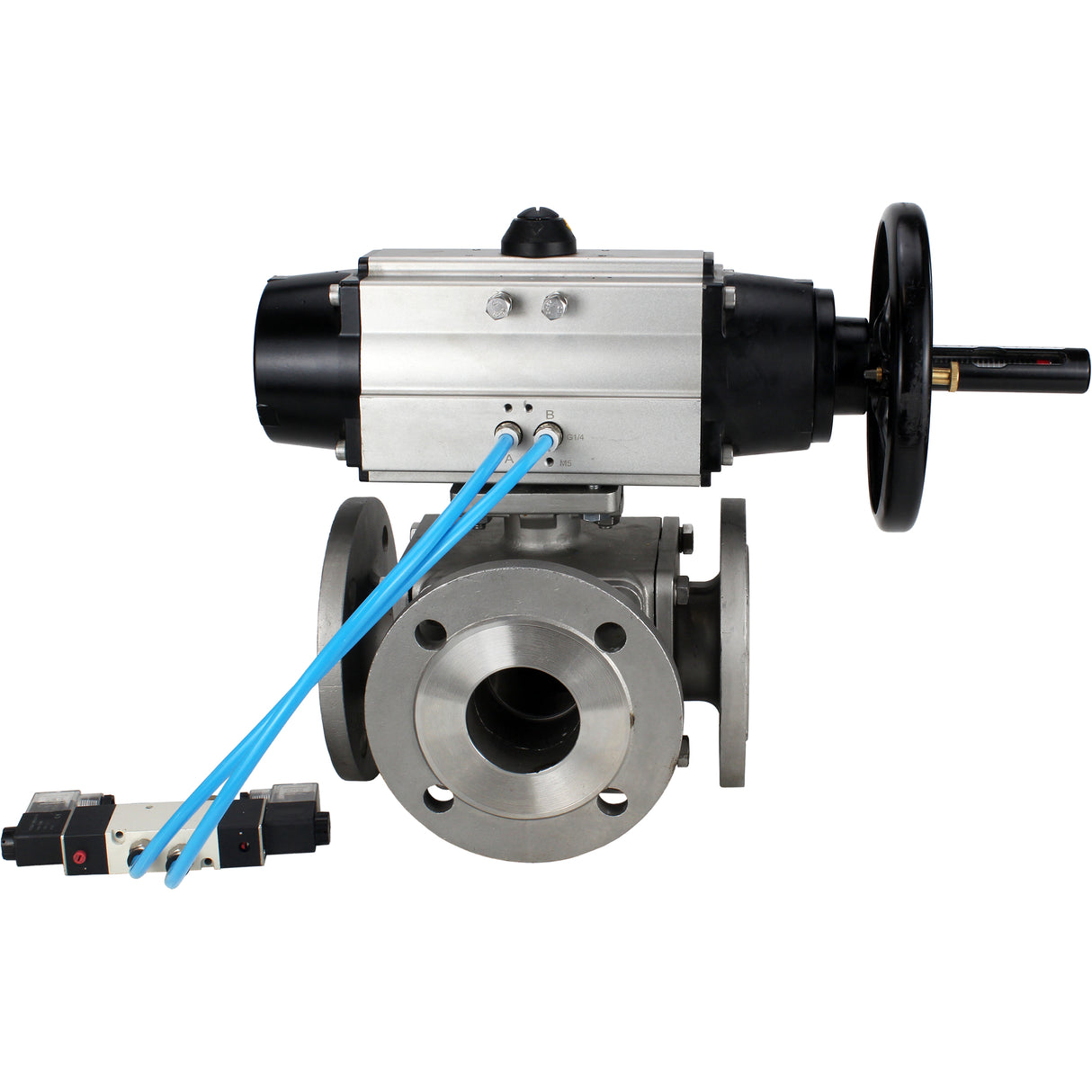 Ball valves Elephant BV3232P(4pc)-FP-3WL-F-ISO-H DN100 16 bar full bore, flanged, body - stainless steel SS316, ISO flange F10/F12, square 19x19, with double pneumatic actuator PA-DA-105-1 action and pneumatic distributor 4V320-8 220V