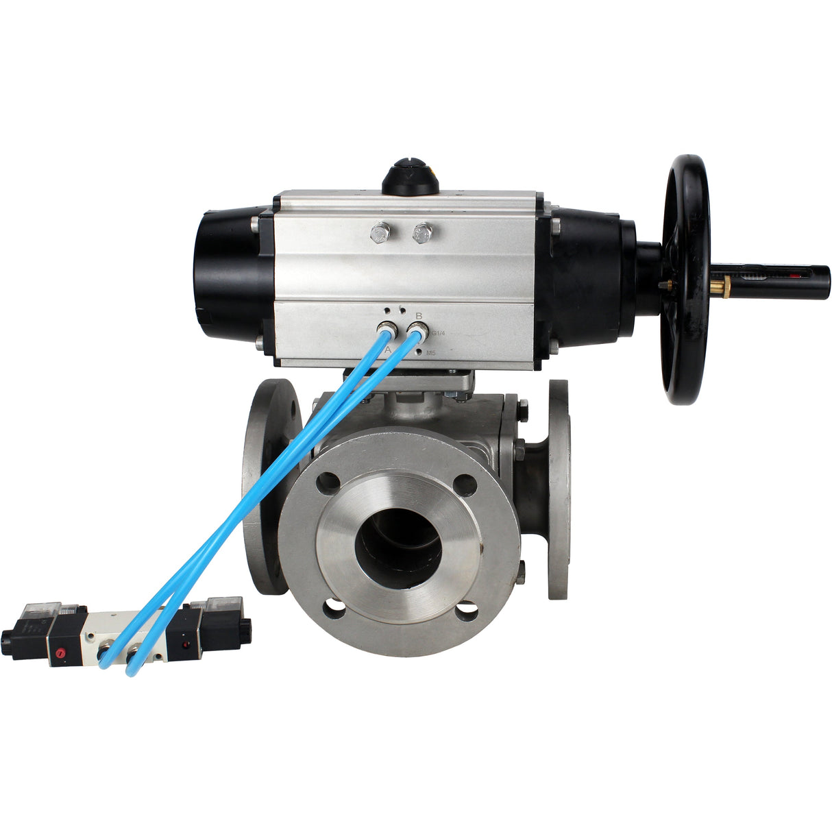 Ball valves Elephant BV3232P(4pc)-FP-3WL-F-ISO-H DN100 16 bar full bore, flanged, body - stainless steel SS316, ISO flange F10/F12, square 19x19, with double pneumatic actuator PA-DA-105-1 action and pneumatic distributor 4V320-10 220V