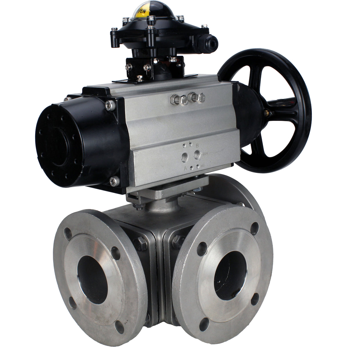 Robinets à boisseau sphérique Elephant BV3232P(4pc)-FP-3WL-F-ISO-H DN100 16 bar passage intégral, à brides, corps - acier inoxydable SS316, bride ISO F10/F12, carré 19x19, avec double actionneur pneumatique PA-DA-105-1 actions et BKV APL-210N