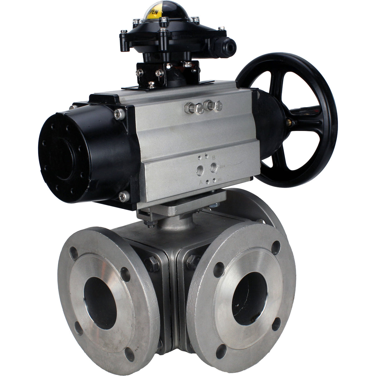 Robinets à boisseau sphérique Elephant BV3232P(4pc)-FP-3WL-F-ISO-H DN100 16 bar passage intégral, à brides, corps - acier inoxydable SS316, bride ISO F10/F12, carré 19x19, avec double actionneur pneumatique PA-DA-105-1 actions et BKV APL-210N