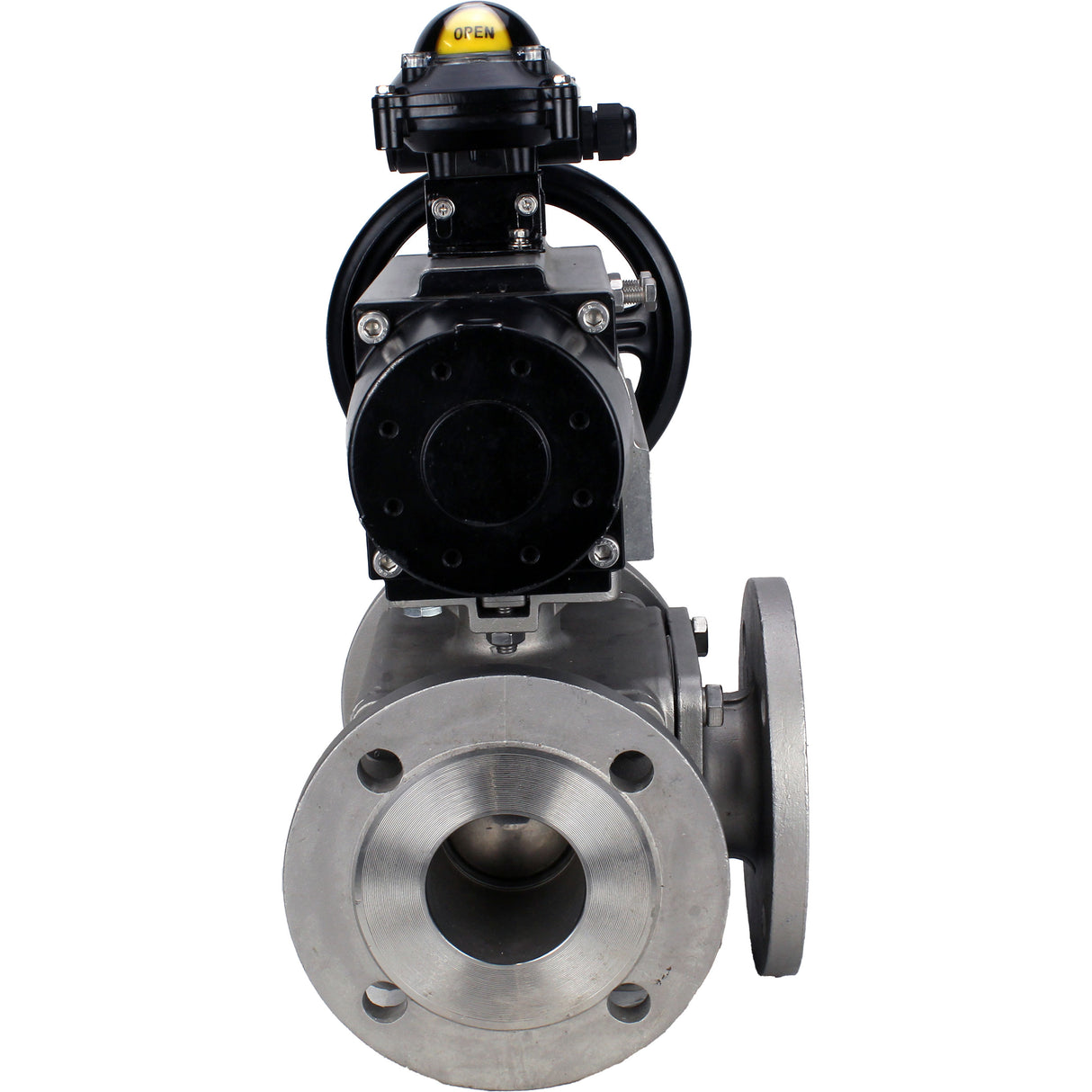 Robinets à boisseau sphérique Elephant BV3232P(4pc)-FP-3WL-F-ISO-H DN100 16 bar passage intégral, à brides, corps - acier inoxydable SS316, bride ISO F10/F12, carré 19x19, avec double actionneur pneumatique PA-DA-105-1 actions et BKV APL-210N