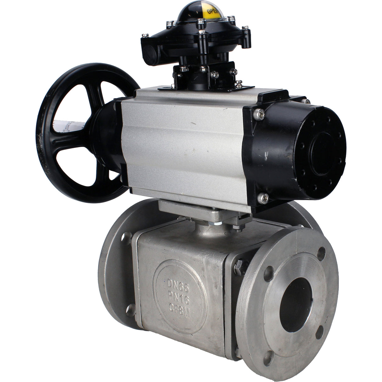 Robinets à boisseau sphérique Elephant BV3232P(4pc)-FP-3WL-F-ISO-H DN100 16 bar passage intégral, à brides, corps - acier inoxydable SS316, bride ISO F10/F12, carré 19x19, avec double actionneur pneumatique PA-DA-105-1 actions et BKV APL-210N