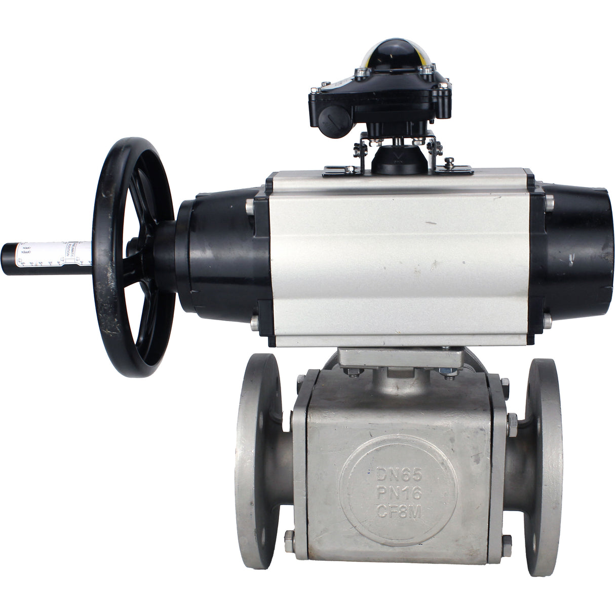 Robinets à boisseau sphérique Elephant BV3232P(4pc)-FP-3WL-F-ISO-H DN100 16 bar passage intégral, à brides, corps - acier inoxydable SS316, bride ISO F10/F12, carré 19x19, avec double actionneur pneumatique PA-DA-105-1 actions et BKV APL-210N