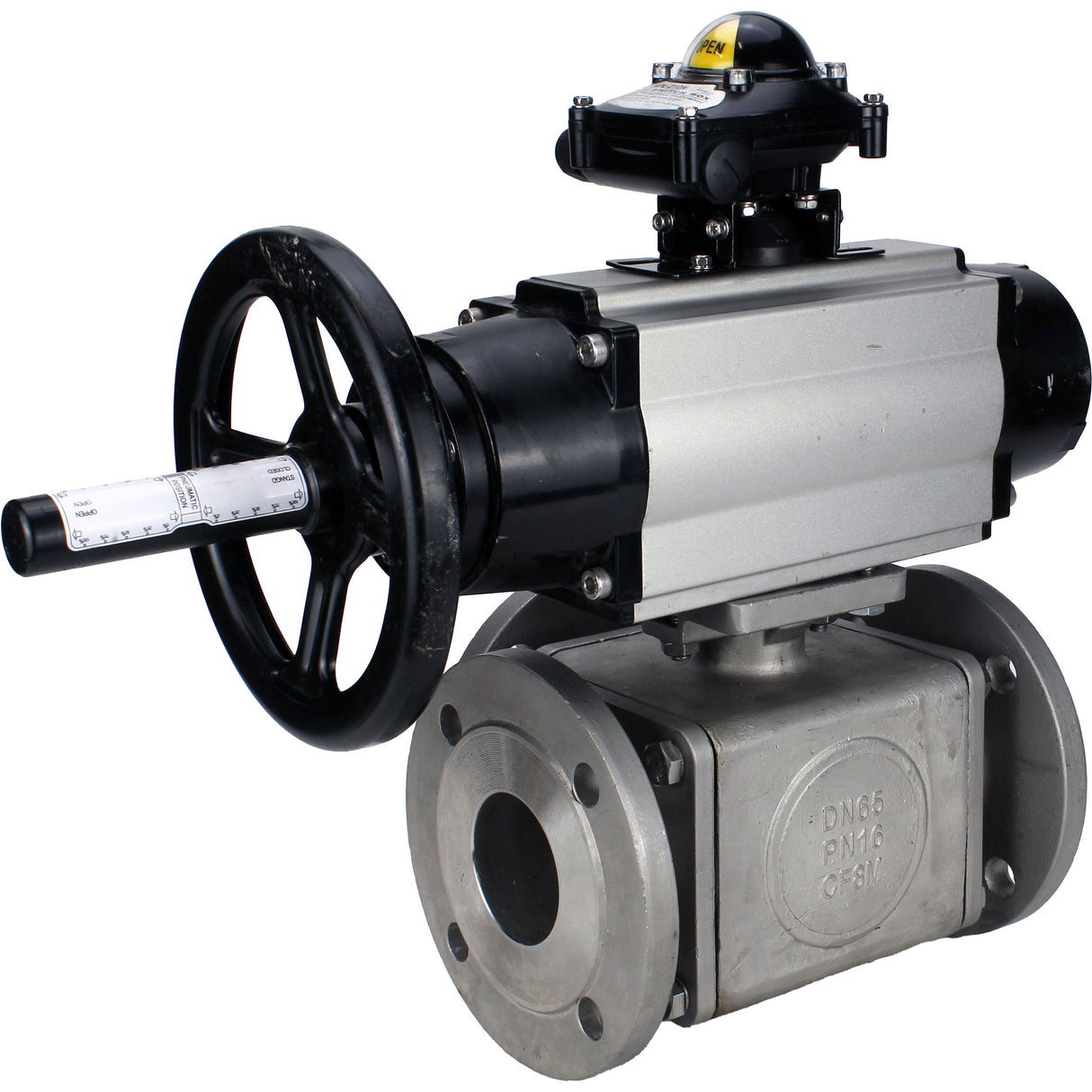 Robinets à boisseau sphérique Elephant BV3232P(4pc)-FP-3WL-F-ISO-H DN100 16 bar passage intégral, à brides, corps - acier inoxydable SS316, bride ISO F10/F12, carré 19x19, avec double actionneur pneumatique PA-DA-105-1 actions et BKV APL-210N