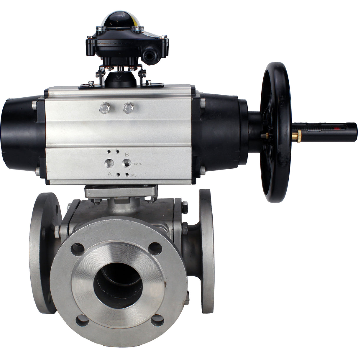 Robinets à boisseau sphérique Elephant BV3232P(4pc)-FP-3WL-F-ISO-H DN100 16 bar passage intégral, à brides, corps - acier inoxydable SS316, bride ISO F10/F12, carré 19x19, avec double actionneur pneumatique PA-DA-105-1 actions et BKV APL-210N