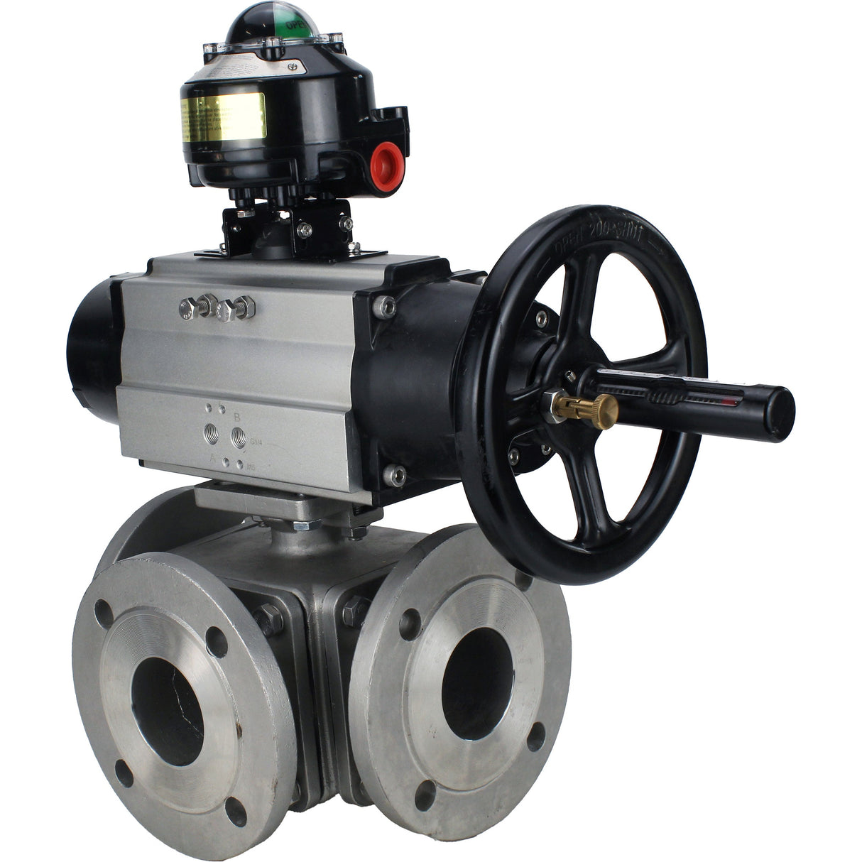 Robinets à boisseau sphérique Elephant BV3232P(4pc)-FP-3WL-F-ISO-H DN100 16 bar passage intégral, à brides, corps - acier inoxydable SS316, bride ISO F10/F12, carré 19x19, avec double actionneur pneumatique PA-DA-105-1 actions et BKV APL-510N EX