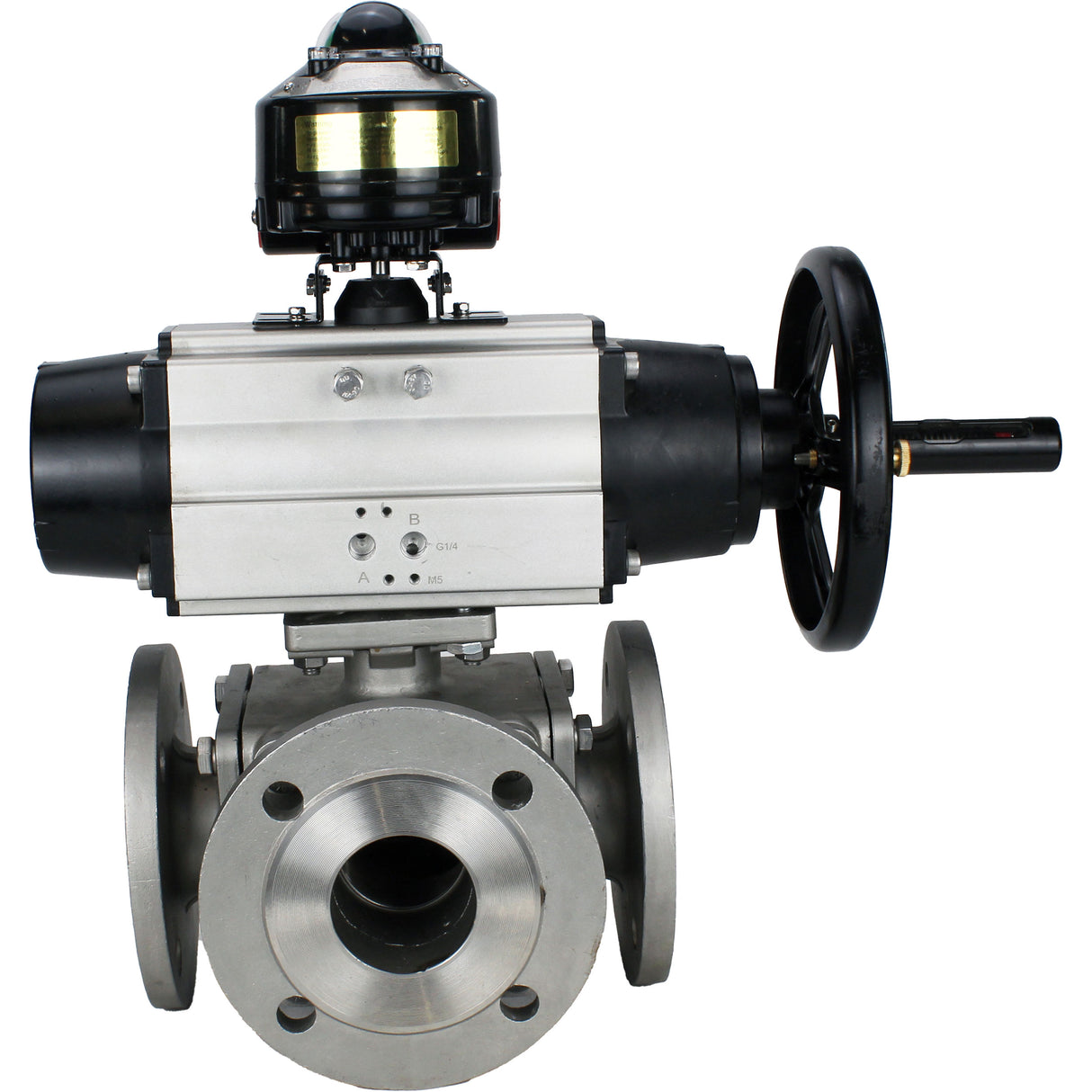 Robinets à boisseau sphérique Elephant BV3232P(4pc)-FP-3WL-F-ISO-H DN100 16 bar passage intégral, à brides, corps - acier inoxydable SS316, bride ISO F10/F12, carré 19x19, avec double actionneur pneumatique PA-DA-105-1 actions et BKV APL-510N EX