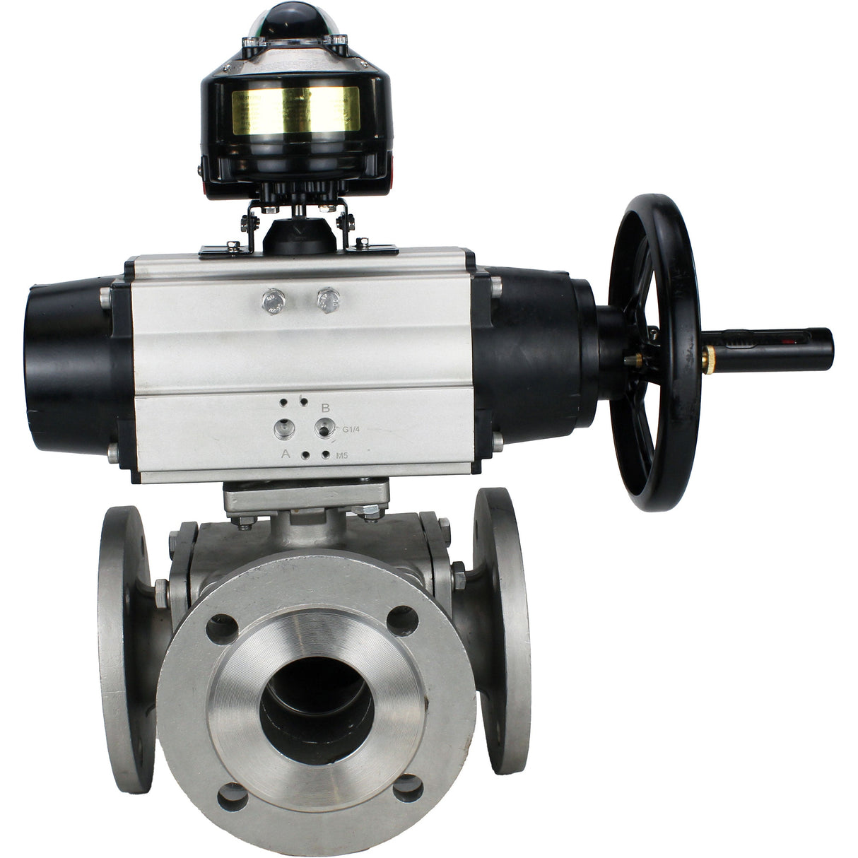 Robinets à boisseau sphérique Elephant BV3232P(4pc)-FP-3WL-F-ISO-H DN100 16 bar passage intégral, à brides, corps - acier inoxydable SS316, bride ISO F10/F12, carré 19x19, avec double actionneur pneumatique PA-DA-105-1 actions et BKV APL-510N EX