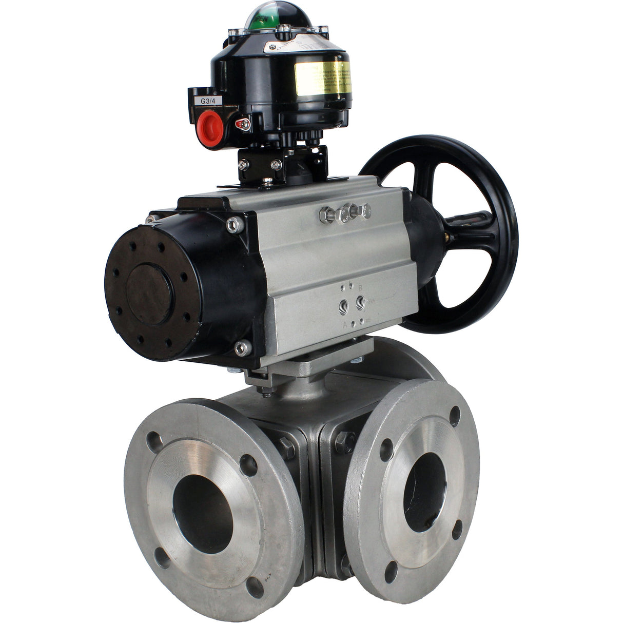 Robinets à boisseau sphérique Elephant BV3232P(4pc)-FP-3WL-F-ISO-H DN100 16 bar passage intégral, à brides, corps - acier inoxydable SS316, bride ISO F10/F12, carré 19x19, avec double actionneur pneumatique PA-DA-105-1 actions et BKV APL-510N EX