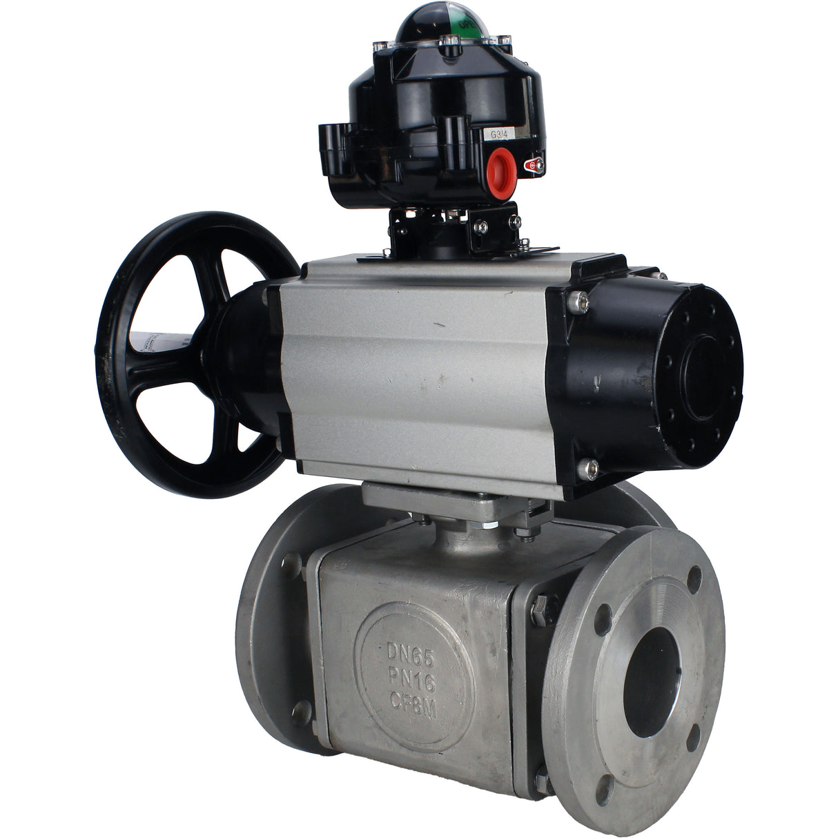 Robinets à boisseau sphérique Elephant BV3232P(4pc)-FP-3WL-F-ISO-H DN100 16 bar passage intégral, à brides, corps - acier inoxydable SS316, bride ISO F10/F12, carré 19x19, avec double actionneur pneumatique PA-DA-105-1 actions et BKV APL-510N EX