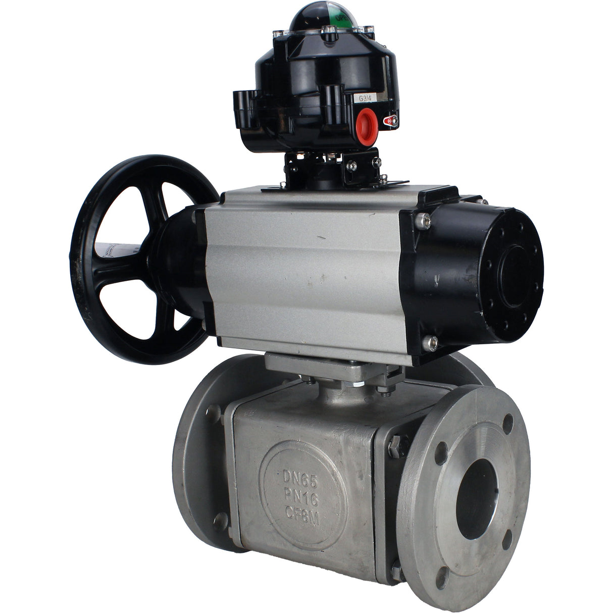 Robinets à boisseau sphérique Elephant BV3232P(4pc)-FP-3WL-F-ISO-H DN100 16 bar passage intégral, à brides, corps - acier inoxydable SS316, bride ISO F10/F12, carré 19x19, avec double actionneur pneumatique PA-DA-105-1 actions et BKV APL-510N EX