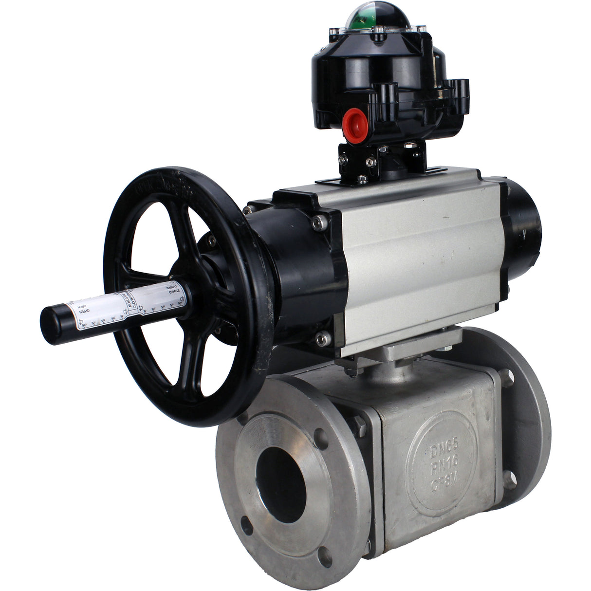 Robinets à boisseau sphérique Elephant BV3232P(4pc)-FP-3WL-F-ISO-H DN100 16 bar passage intégral, à brides, corps - acier inoxydable SS316, bride ISO F10/F12, carré 19x19, avec double actionneur pneumatique PA-DA-105-1 actions et BKV APL-510N EX