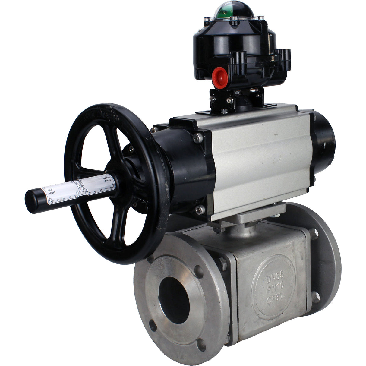 Robinets à boisseau sphérique Elephant BV3232P(4pc)-FP-3WL-F-ISO-H DN100 16 bar passage intégral, à brides, corps - acier inoxydable SS316, bride ISO F10/F12, carré 19x19, avec double actionneur pneumatique PA-DA-105-1 actions et BKV APL-510N EX