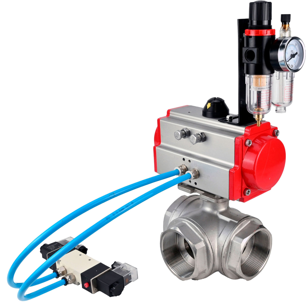 Ball valves Elephant BV3232P(4pc)-SP-3WL-T-ISO-H,  body material - Stainless steel AISI 316, seal - PTFE / PTFE / Teflon, with pneumatic actuator double action PA-DA, 4V320-08 220V, ATU AFC2000