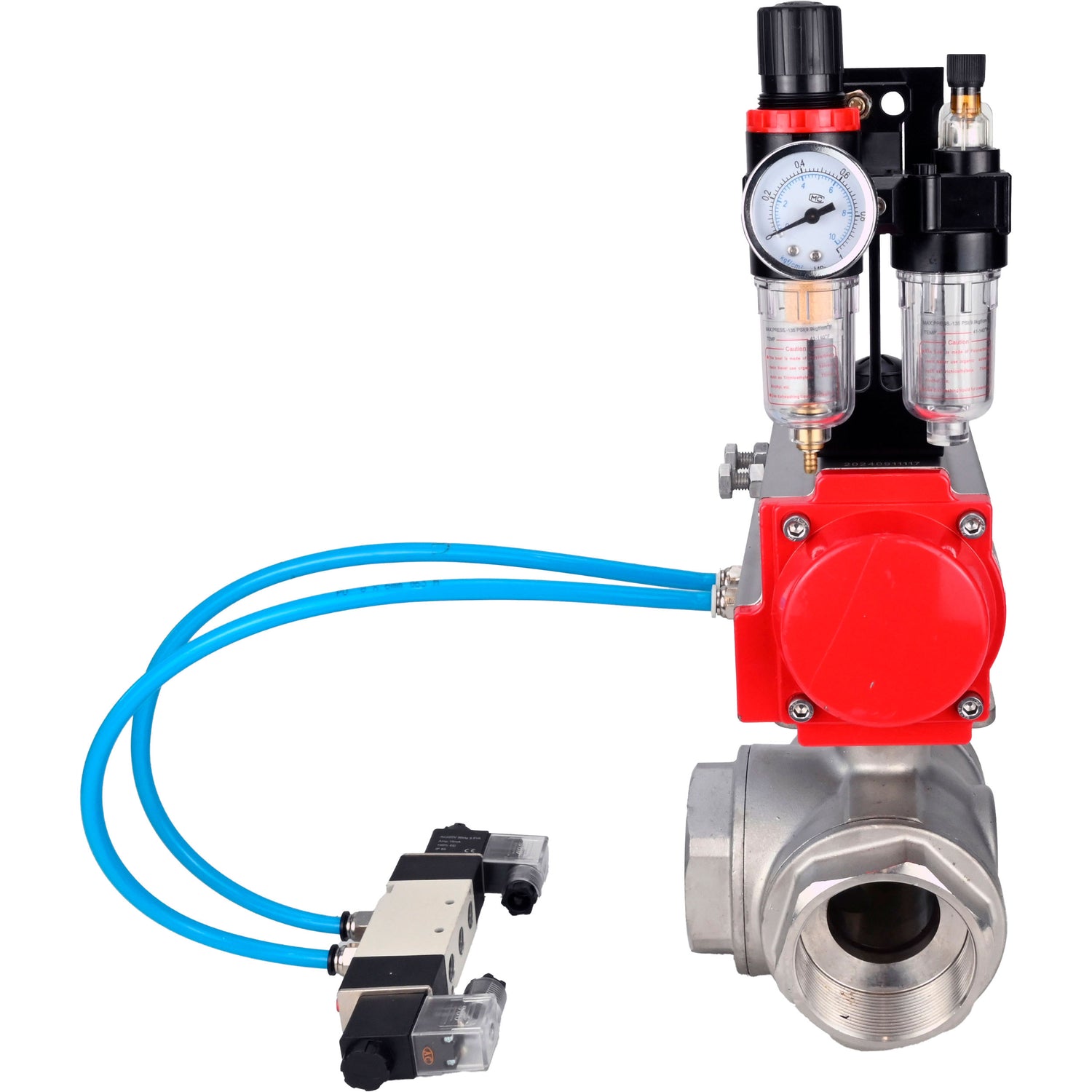 Ball valves Elephant BV3232P(4pc)-SP-3WL-T-ISO-H,  body material - Stainless steel AISI 316, seal - PTFE / PTFE / Teflon, with pneumatic actuator double action PA-DA, 4V320-08 220V, ATU AFC2000