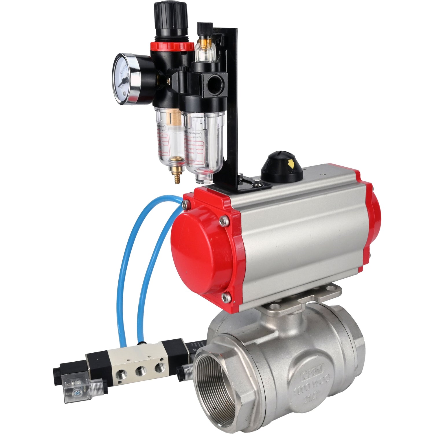 Ball valves Elephant BV3232P(4pc)-SP-3WL-T-ISO-H,  body material - Stainless steel AISI 316, seal - PTFE / PTFE / Teflon, with pneumatic actuator double action PA-DA, 4V320-08 220V, ATU AFC2000