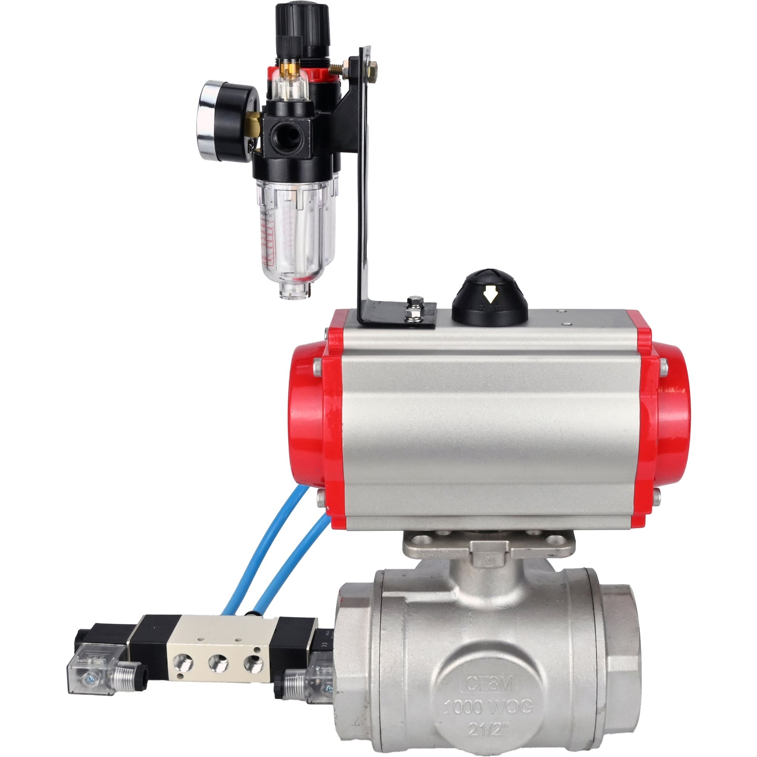 Ball valves Elephant BV3232P(4pc)-SP-3WL-T-ISO-H,  body material - Stainless steel AISI 316, seal - PTFE / PTFE / Teflon, with pneumatic actuator double action PA-DA, 4V320-08 220V, ATU AFC2000
