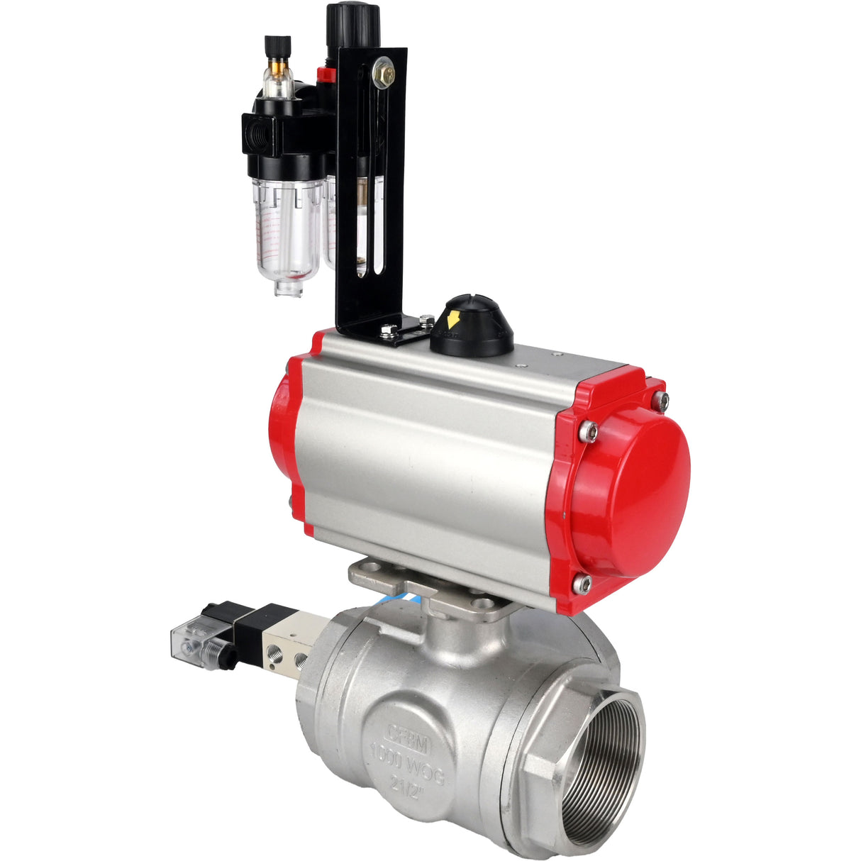 Ball valves Elephant BV3232P(4pc)-SP-3WL-T-ISO-H,  body material - Stainless steel AISI 316, seal - PTFE / PTFE / Teflon, with pneumatic actuator double action PA-DA, 4V320-08 220V, ATU AFC2000